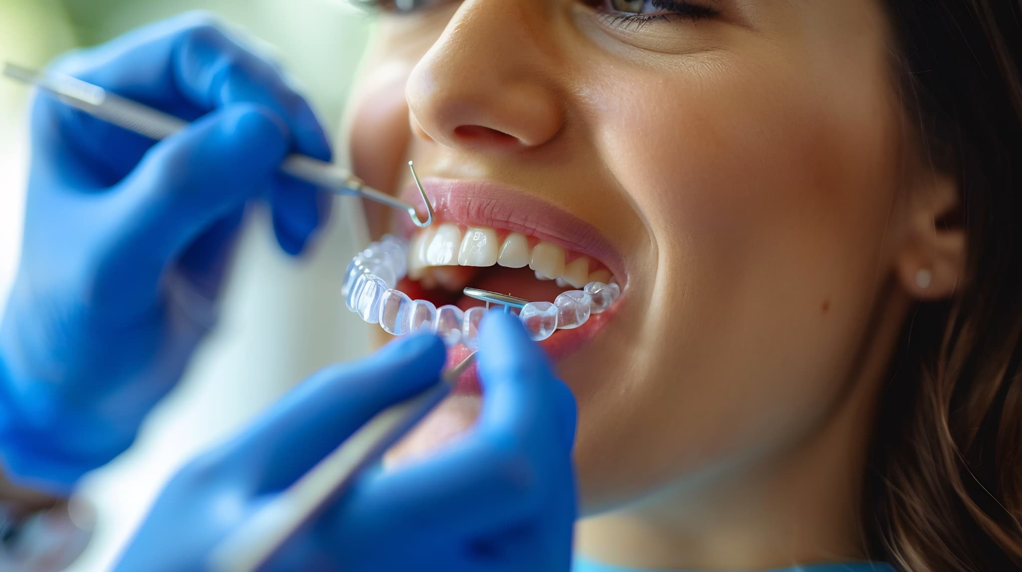 インビザラインのマウスピースを歯科医が患者に装着している様子