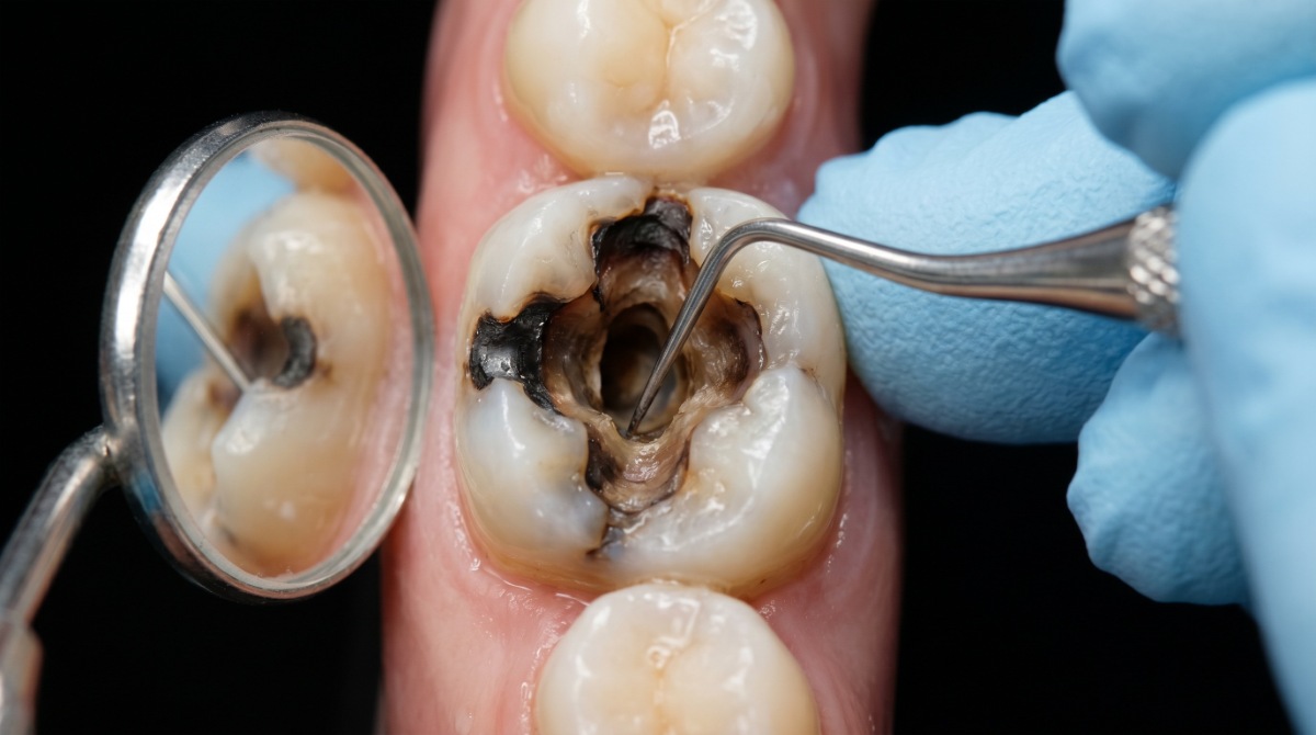 虫歯になった奥歯を歯科医療器具で確認するイメージ
